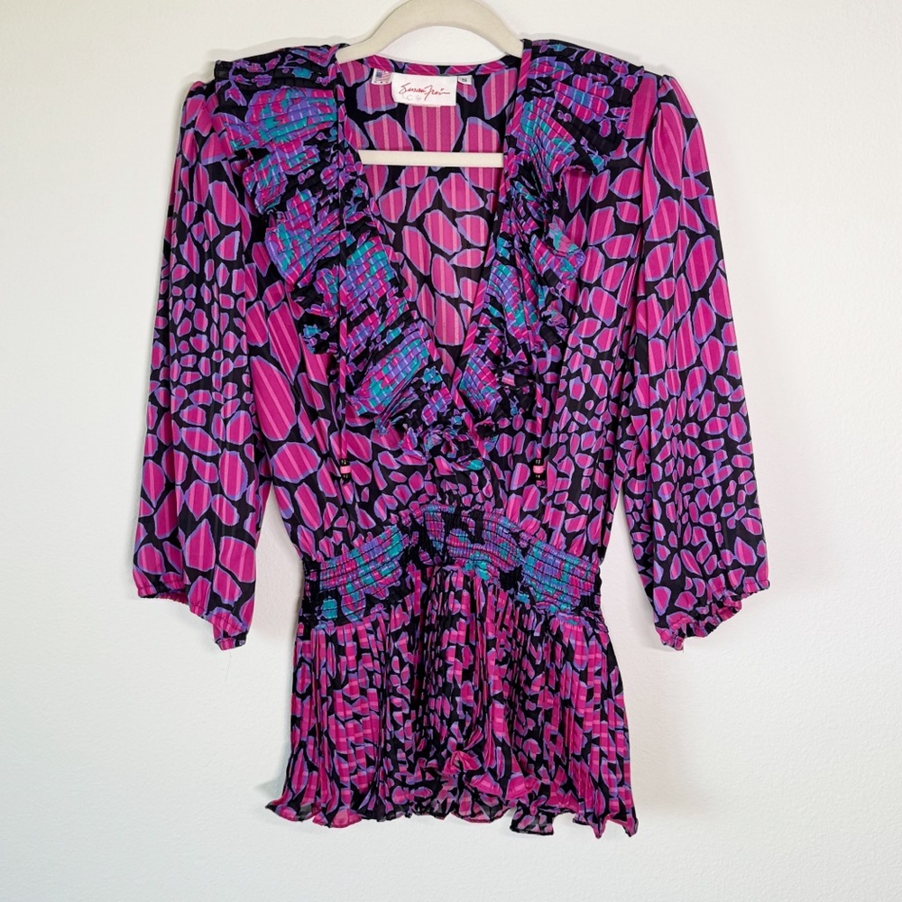 Susan Freis Vintage 80's Ruffle Pleated USA‎ Pink Black Print Blouse Top Small